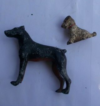 Rare Vintage Antique Mini Cast Iron Terrier Dog Figurine & Lead Doberman Statue