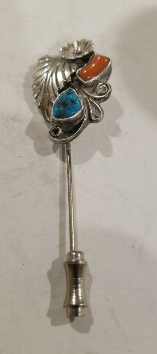Rare Vtg Navajo Indian Sterling Silver Turquoise Coral Stick Pin 5.  23g
