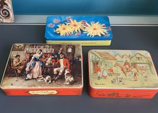 3 Vintage Biscuit Tins Including Cadbury’s,  Fox Hunting Scene,  Victorian Parlour