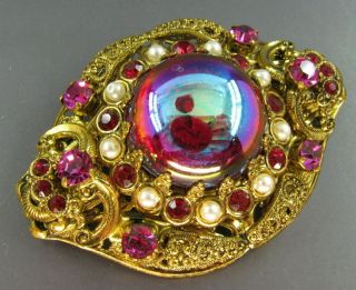 Vintage Brass Antique Gold Tone Brooch Pin Pink Rhinestones Faux Pearls Ab Cab
