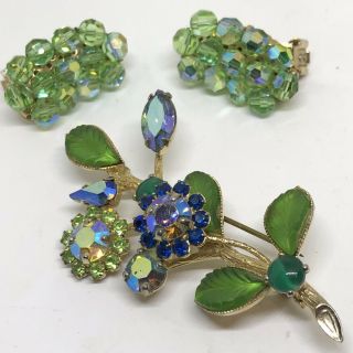 Vintage 50s Weiss Gold Tone Floral Brooch Earrings Set Rare Aurora Pc $285vlu,  N