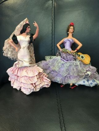2 Vintage Marin Chiclana Espana Flamenco Women Dancers Purple Dress & Pink Dress