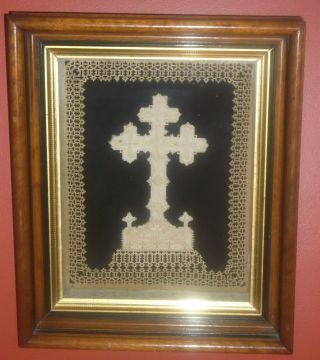 Antique Shadowbox Folk Art Scherenschnitte Handmade Paper Cut Religious Cross