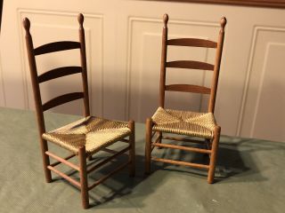 Dollhouse Miniature Artisan Signed Dc Wood Chairs Woven Cotton Cord Seat