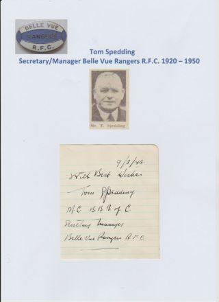 Tom Spedding Manager Belle Vue Rangers Rugby 1920 - 1950 Rare Autograph