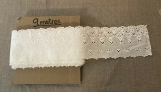 Over 9 Metres Vintage French White Flat Lace Cotton Broderie Anglais Trimming.