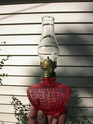 Old Small 1890s Cranberry Beaded Rib Pattern Antique Miniature Oil Lamp