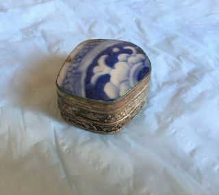 Antique Chinese Porcelain Shard Silver Plate Trinket Snuff Box