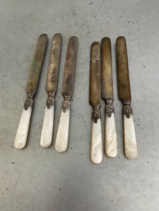 Antique Sterling Silver Dinner Knives Set 6 Mother Of Pearl Handles