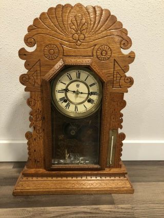 Antique Waterbury Gingerbread Kitchen Mantel Clock W/ Temperature - Rare
