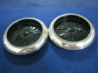 Rare Black Glass Pair Sterling Silver Rimmed Floral Coasters By Frank Whiting