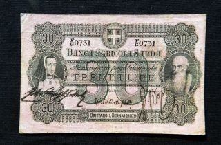 1879 Italy Kingdom Rare Banknote 30 Lire Vf,  Banca Agricola Sarda