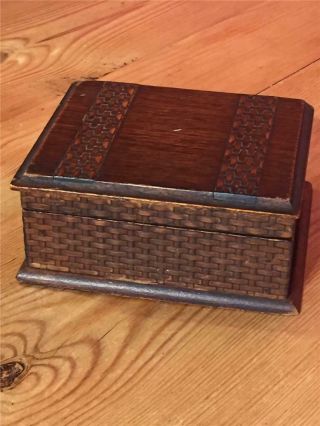 Vintage Small Wooden Box With Decorative Carved Banding On Lid 12.  5cm X 10.  5cm