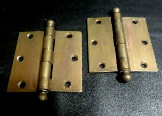 Pair Antique 3 1/2 " Solid Brass Door Hinges With Ball Finial Pins