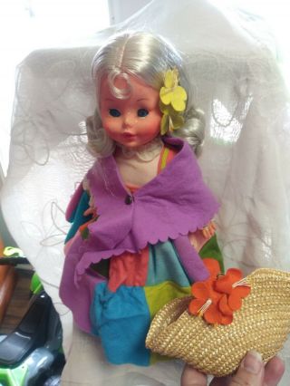 Vintage Furga 7101 Blue Eyes Blond Hair Patchwork Dress Girl Toy Doll