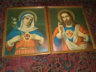 2 Antique Framed Chromolithograph Shiny Prints Jesus & Sacred Heart Mary Vintage