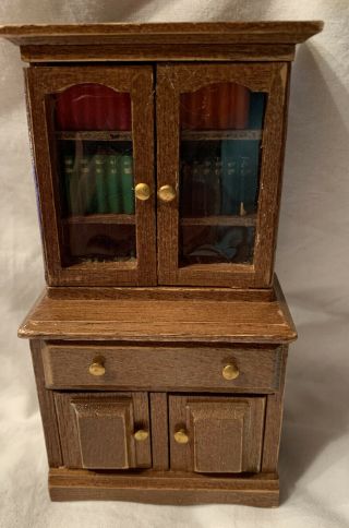 Vintage Miniature Dollhouse Wooden Bookcase Hutch With Wooden Removable Books