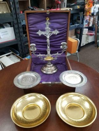Antique Vintage Catholic Last Rites Sick Call Box Candle Holders Cross Crucifix
