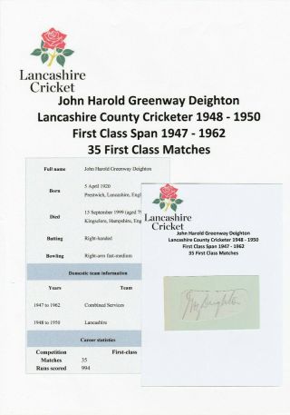 John Deighton Lancashire County Cricketer 1948 - 1950 Rare Autograph