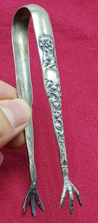 Vintage/antique Sterling Silver Repousse Knight Sugar Ice Tongs Claw