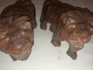 2 Vintage Hand Carved Wooden Lions Each 7 " Long 4 " High Wood Lions