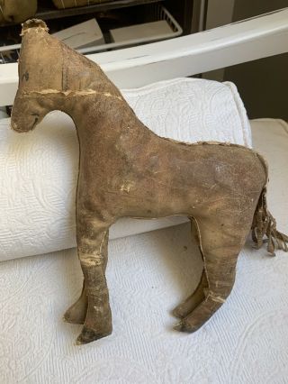 Antique Toy Horse Primitive Folk Art Leather? 10.  5 " Tall.  3a