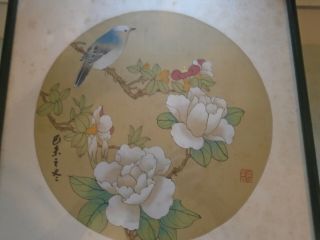 Vintage Chinese Watercolour Painting On Silk Red Seal Bird Sitting On Branch 2