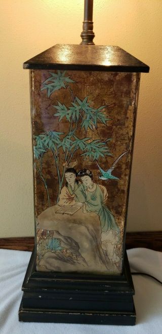 Antique Hand Painted Geisha Oriental Lamp Unique Wood Base,  Reverse