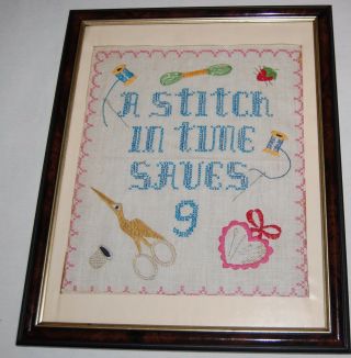 Vintage Cross Stitch Sampler A Stitch In Time Saves 9 Sewing Thread Bobbin Art