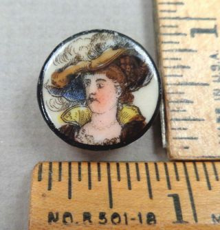 Victorian Woman,  Antique Porcelain Button 7,  Intricate Hand Painted Detail