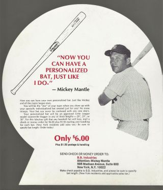 Rare 1973 Mickey Mantle & Baltimore Orioles Ad For Bats W/buyer Name Inscripted