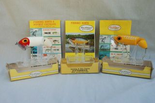 Three Vintage Fred Arbogast Jitterbug Lures With Boxes And Paper