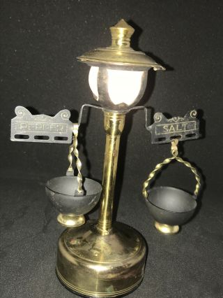 Unique And Rare Brass Metal Lamp Post Salt/pepper Shaker Set With Light And Pots