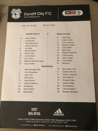 Rare Teamsheet Cardiff City V Derby 14th July 2020 Behind Closed Doors Game