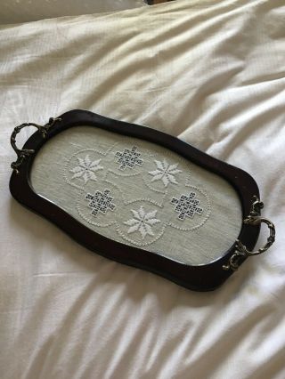 Vintage Wooden Serving Tray Handmade Lefkara Lace Embroidery Panel Cyprus
