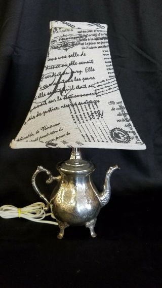 Vintage Silver - Plated Teapot Lamp With Shade 17 " Tall With Shade 12 " W/o