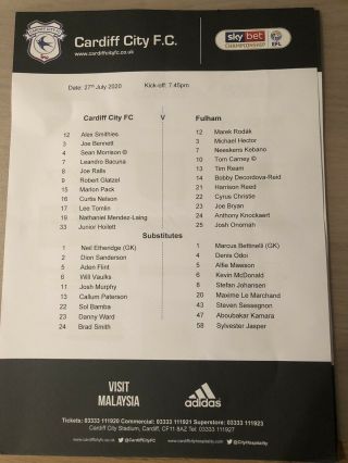 Rare Teamsheet Cardiff City V Fulham 27th July 2020 Behind Closed Doors Game