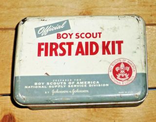 Antique Official Boy Scouts Of America Metal First Aid Kit Tin With Contents