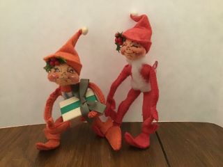 Two Vintage Elves From Annalee,  6 Inches Tall,  Red,  Made In The Usa