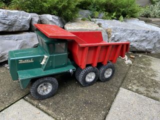 Buddy L Pressed Steel Tandem Axle Hydraulic Dump Truck Green/red Rare
