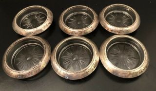 Set Of 6 Frank M.  Whiting Sterling Silver & Glass Crystal Coasters