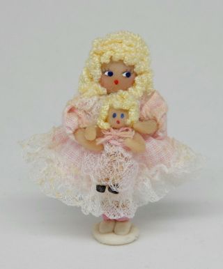 Vintage Tiny Dolly W Tinier Doll Hand Sculpted Dollhouse Miniature 1:12