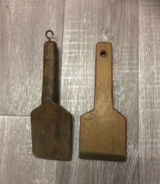 2 Antique Wooden Treen Butter Pats Farmhouse Kitchen Tools Handmade Pastoral Old