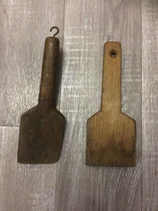2 Antique Wooden Treen BUTTER PATS Farmhouse Kitchen Tools Handmade Pastoral Old 2