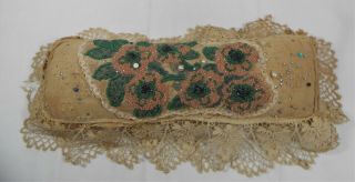Vtg Antique Huge Pin Cushion Fabric Lace Bead Embroidery Sewing Folk Art Fragile