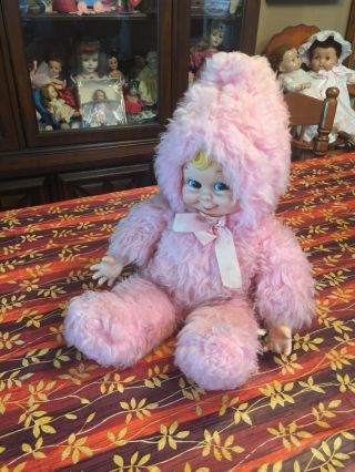 Rare Vintage Rushton Rubber Face Baby Doll.  18” Snow Baby In Pink Suit 2