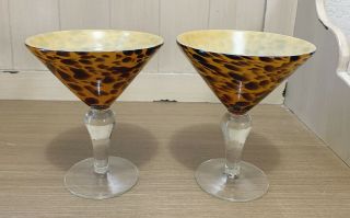 Rare Samici Set Of 2 Hand Blown Leopard Print Martini Art Glass Orange Cocktail