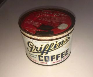 Rare Vintage 1940’s Griffin’s Coffee Tin Muskogee Ok Keywind One Pound Can W/lid