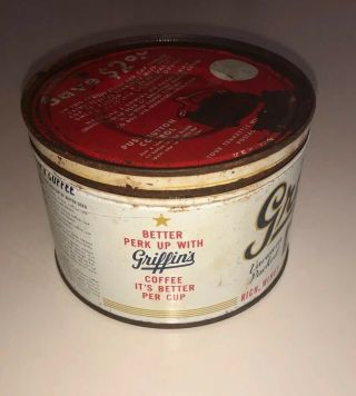 Rare Vintage 1940’s Griffin’s Coffee Tin Muskogee OK Keywind One Pound Can w/Lid 2
