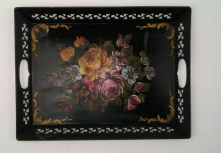 Vintage Hand Painted Floral Metal Toleware Tray 16 1/2 " X 12 1/2 "